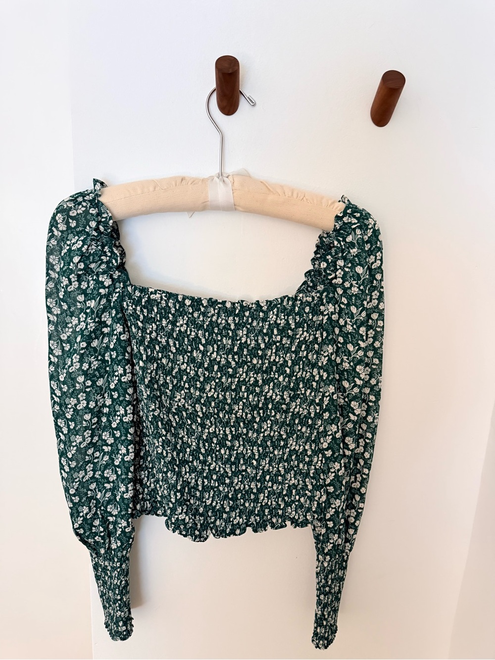 Reformation Green Floral Smocked Square-Neck Crop Top